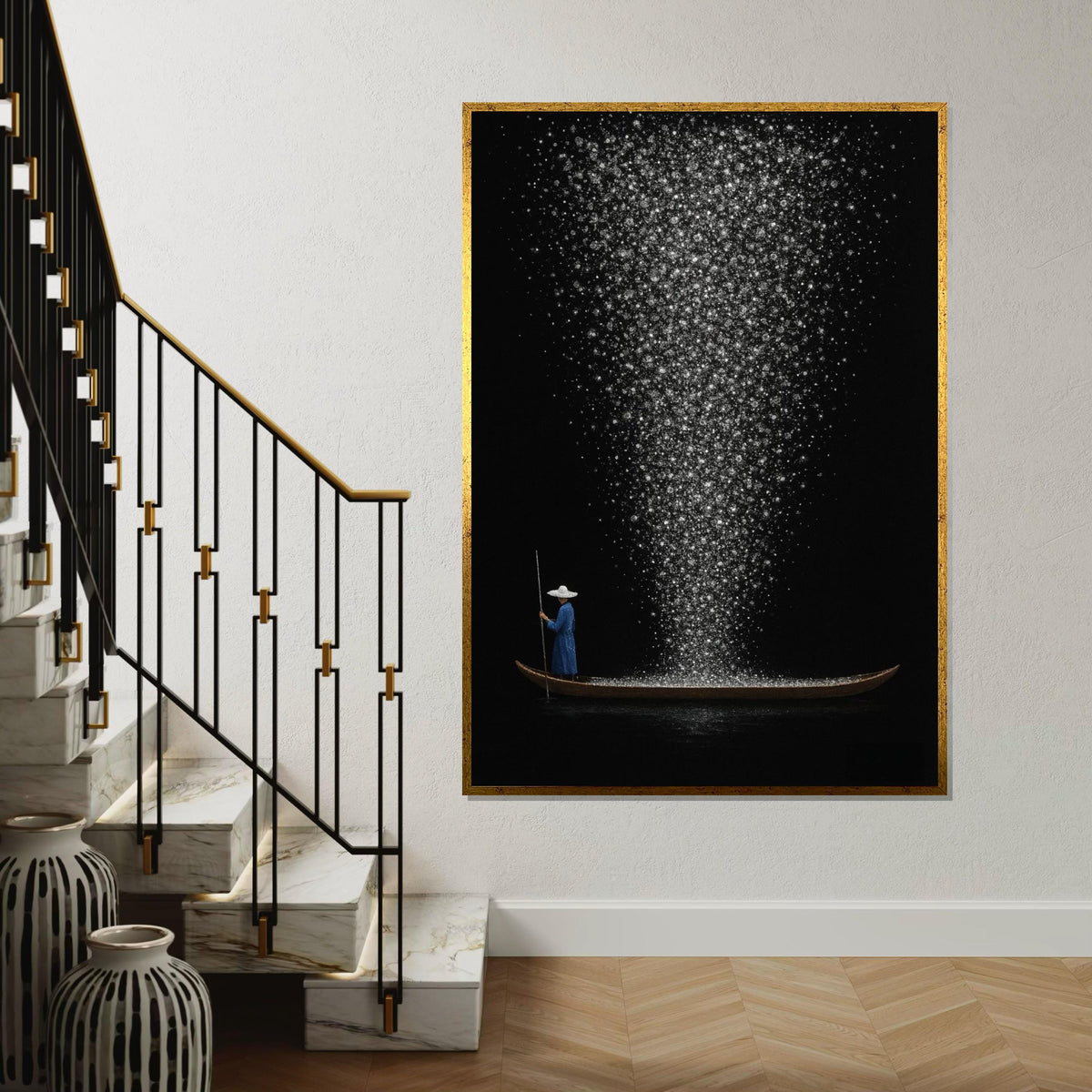 Starry Night Boat Canvas, Cosmic Journey Art, Wall Art Canvas Design, Sparkling Night Print, Ready To Hang Decoration