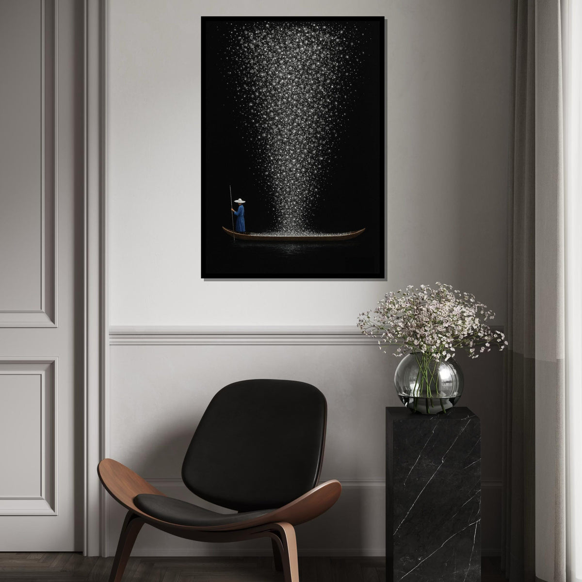 Starry Night Boat Canvas, Cosmic Journey Art, Wall Art Canvas Design, Sparkling Night Print, Ready To Hang Decoration
