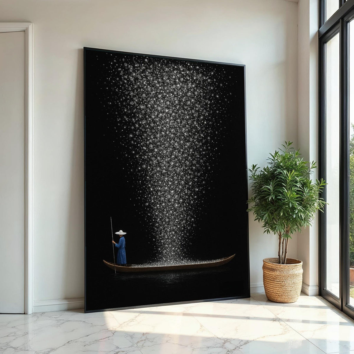 Starry Night Boat Canvas, Cosmic Journey Art, Wall Art Canvas Design, Sparkling Night Print, Ready To Hang Decoration