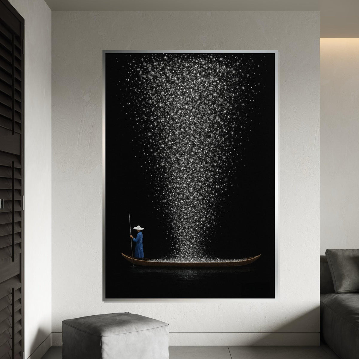 Starry Night Boat Canvas, Cosmic Journey Art, Wall Art Canvas Design, Sparkling Night Print, Ready To Hang Decoration