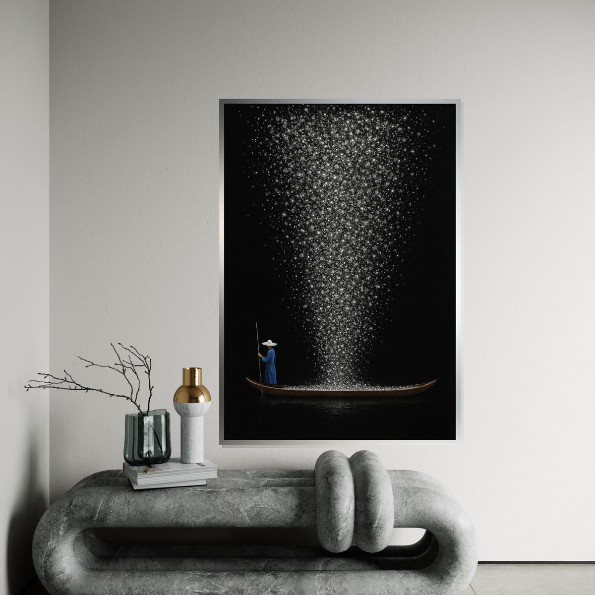 Starry Night Boat Canvas, Cosmic Journey Art, Wall Art Canvas Design, Sparkling Night Print, Ready To Hang Decoration