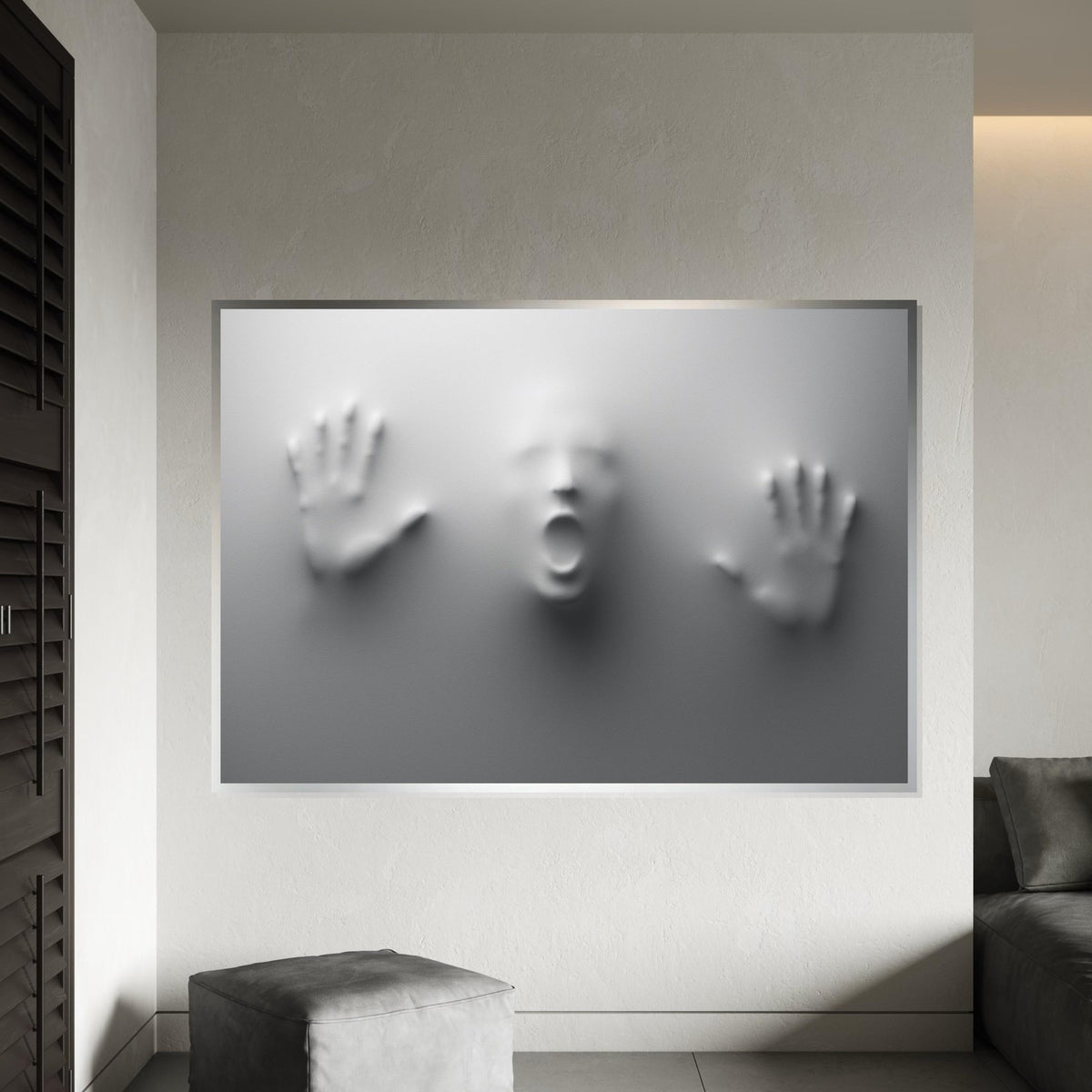 Ghostly Imprint Canvas, Abstract Face Art, Surreal Wall Art Canvas Design, Haunted Hands Poster, Framed Canvas Ready To Hang, Print Canvas