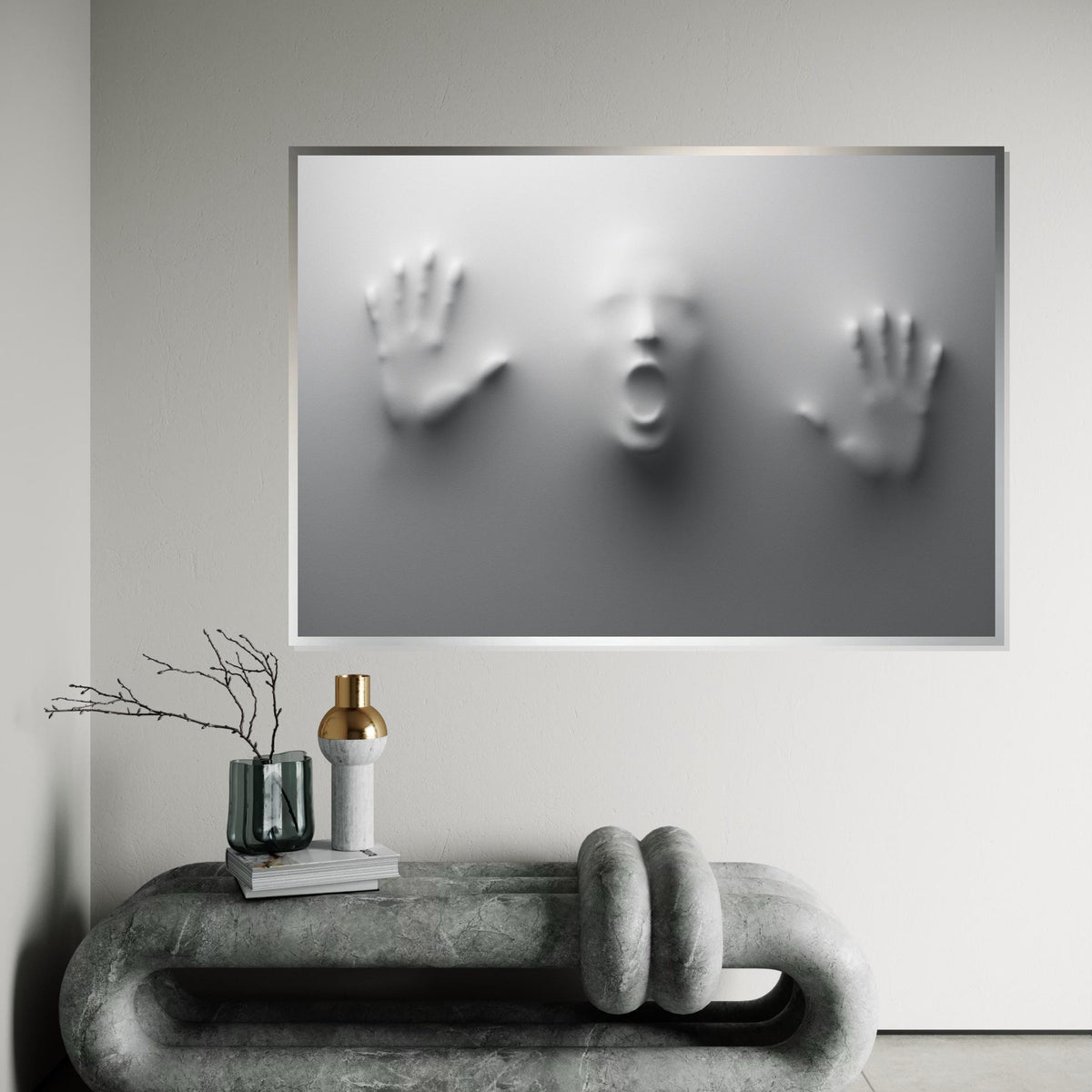 Ghostly Imprint Canvas, Abstract Face Art, Surreal Wall Art Canvas Design, Haunted Hands Poster, Framed Canvas Ready To Hang, Print Canvas