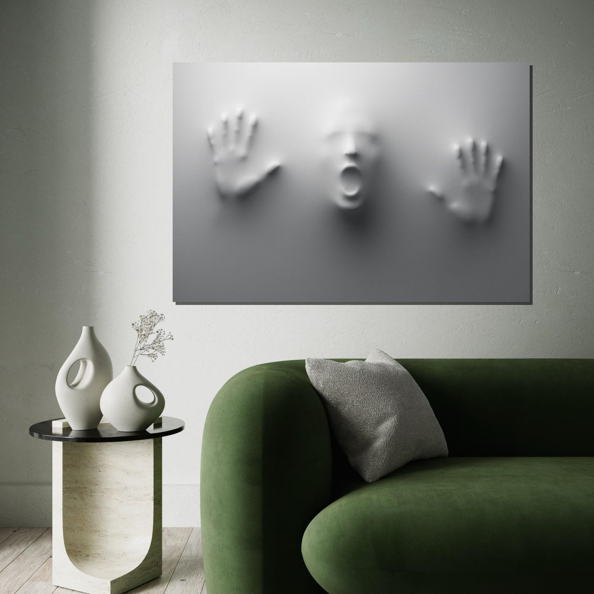 Ghostly Imprint Canvas, Abstract Face Art, Surreal Wall Art Canvas Design, Haunted Hands Poster, Framed Canvas Ready To Hang, Print Canvas
