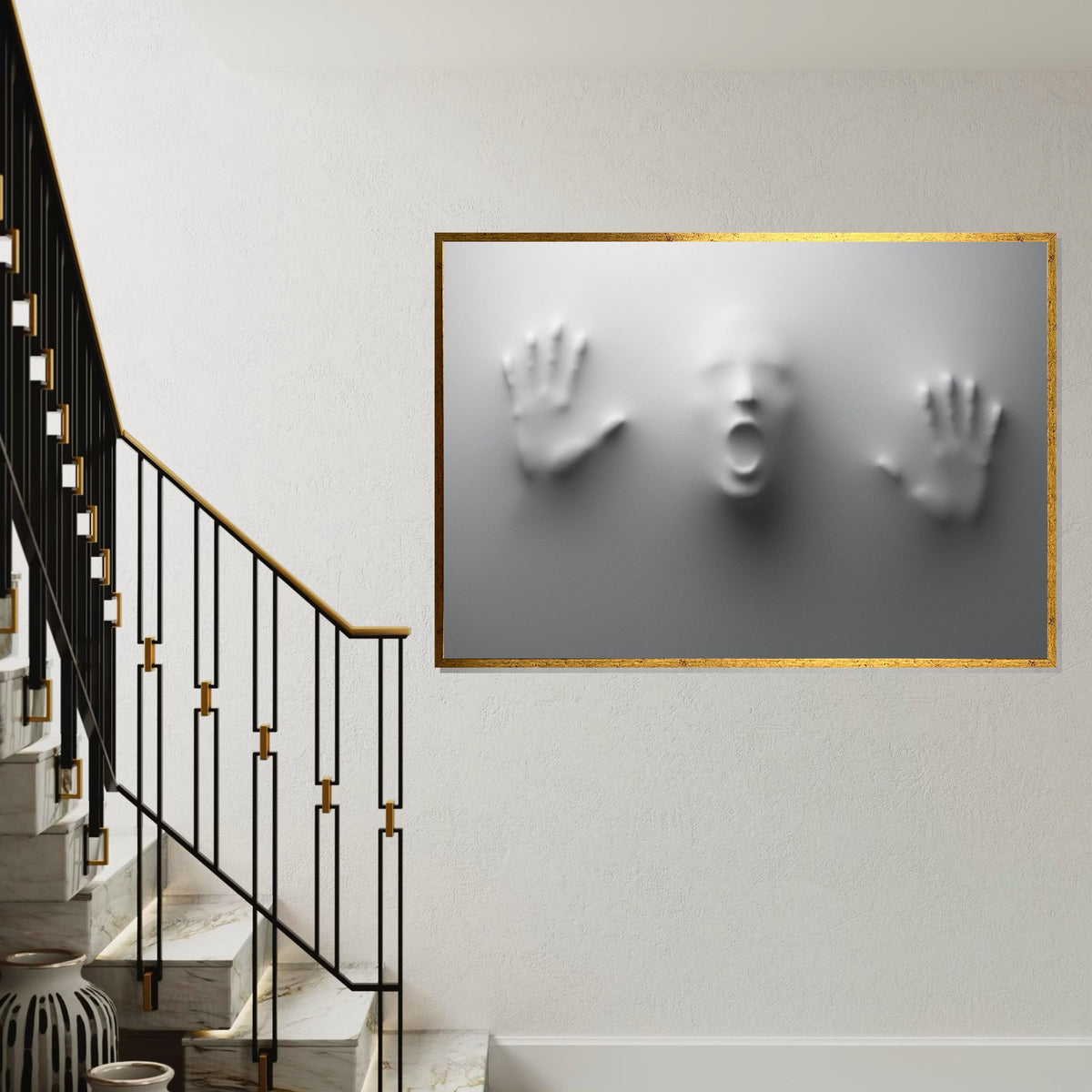 Ghostly Imprint Canvas, Abstract Face Art, Surreal Wall Art Canvas Design, Haunted Hands Poster, Framed Canvas Ready To Hang, Print Canvas