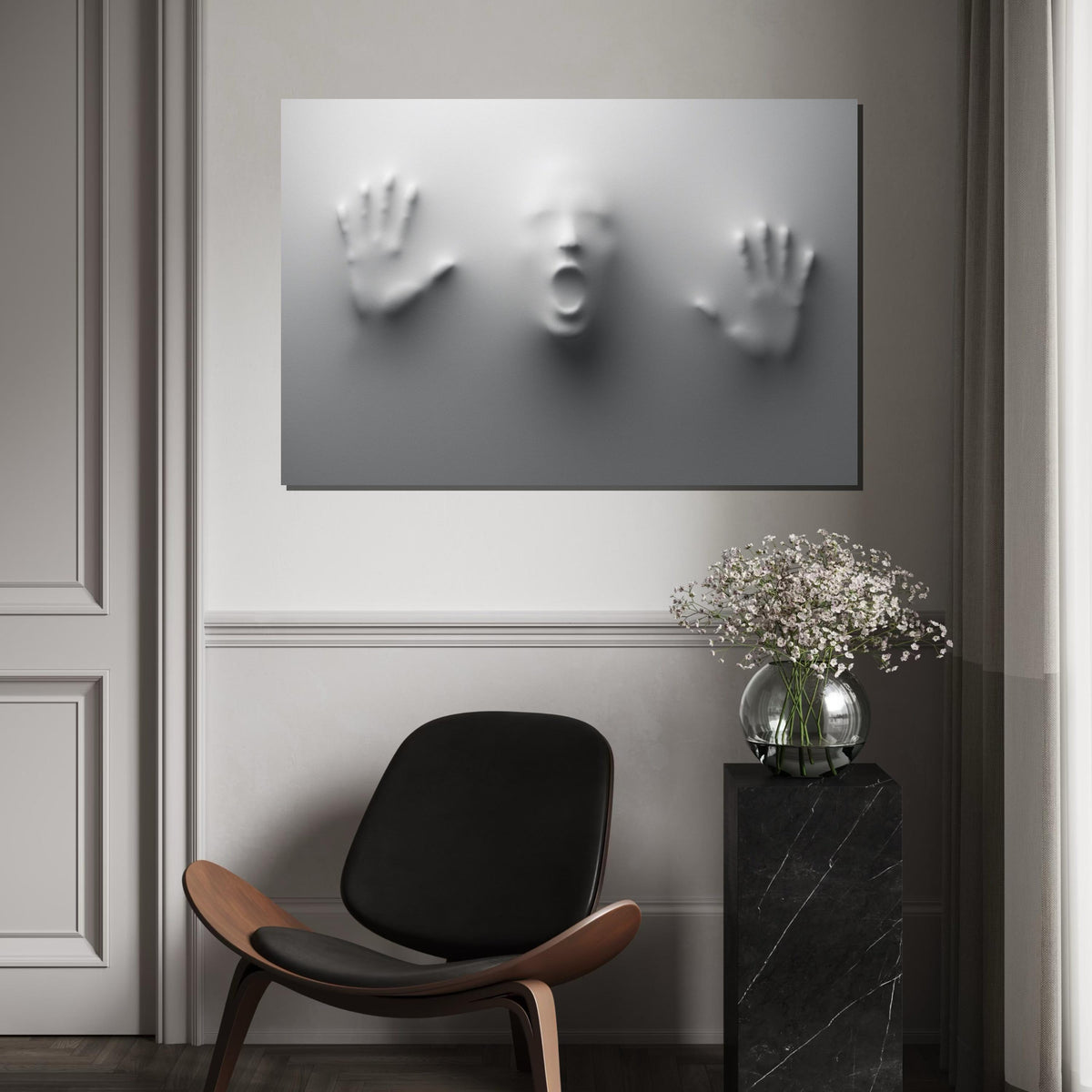 Ghostly Imprint Canvas, Abstract Face Art, Surreal Wall Art Canvas Design, Haunted Hands Poster, Framed Canvas Ready To Hang, Print Canvas