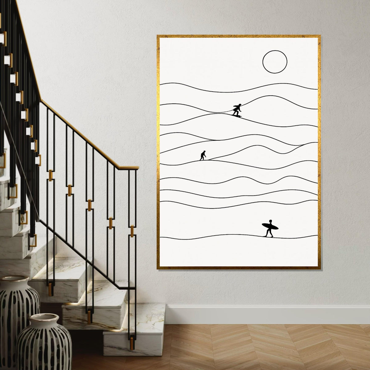 Minimalist Surfer Canvas, Surfing Wall Art, Ocean Wave Print, Surfer Silhouette Decor, Wall Art Canvas Design, Ready To Hang Decoration
