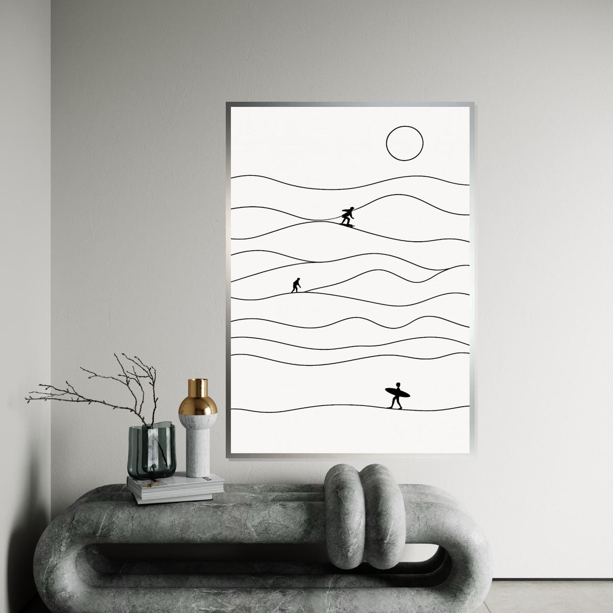 Minimalist Surfer Canvas, Surfing Wall Art, Ocean Wave Print, Surfer Silhouette Decor, Wall Art Canvas Design, Ready To Hang Decoration