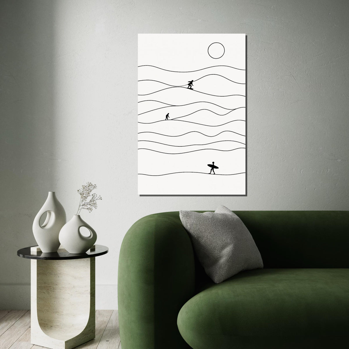 Minimalist Surfer Canvas, Surfing Wall Art, Ocean Wave Print, Surfer Silhouette Decor, Wall Art Canvas Design, Ready To Hang Decoration