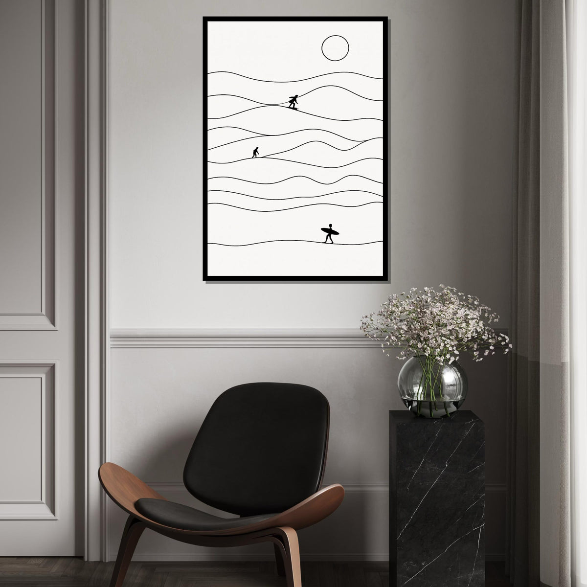 Minimalist Surfer Canvas, Surfing Wall Art, Ocean Wave Print, Surfer Silhouette Decor, Wall Art Canvas Design, Ready To Hang Decoration