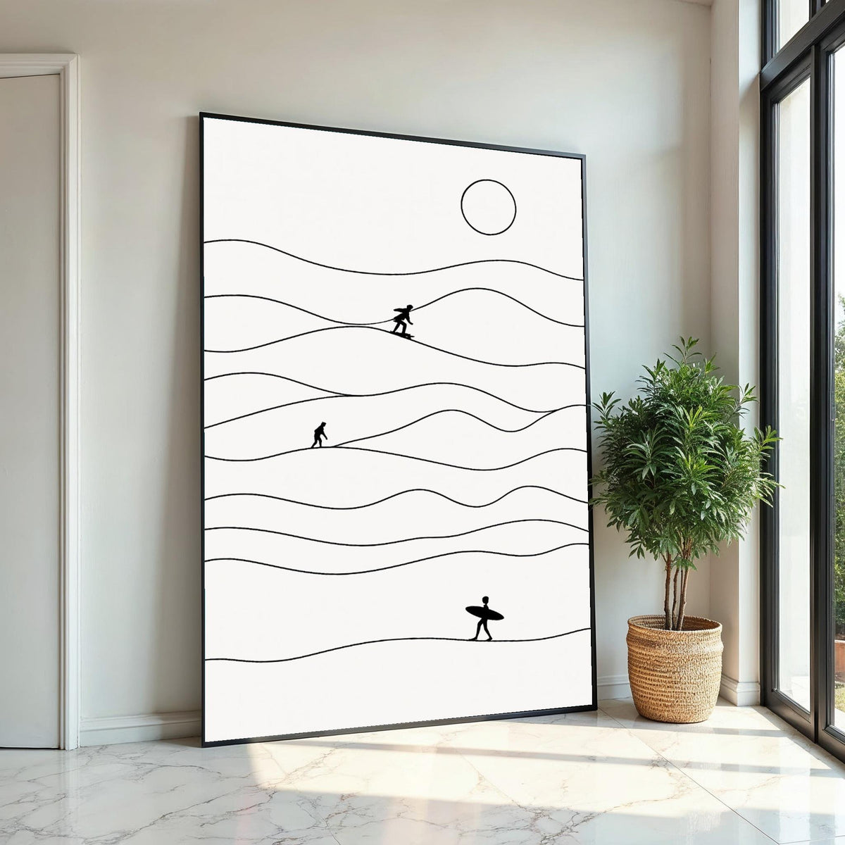 Minimalist Surfer Canvas, Surfing Wall Art, Ocean Wave Print, Surfer Silhouette Decor, Wall Art Canvas Design, Ready To Hang Decoration