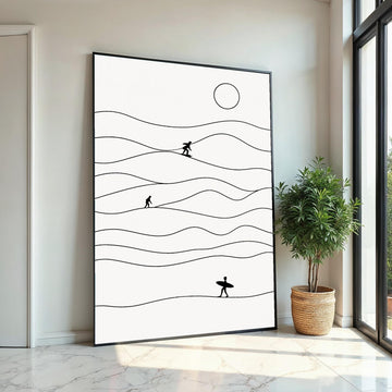 Minimalist Surfer Canvas, Surfing Wall Art, Ocean Wave Print, Surfer Silhouette Decor, Wall Art Canvas Design, Ready To Hang Decoration