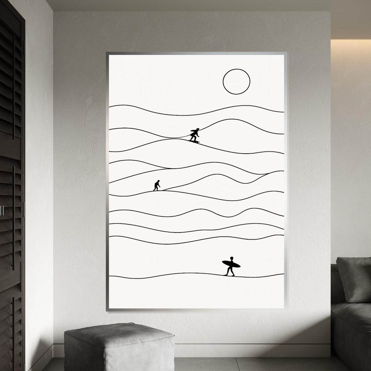 Minimalist Surfer Canvas, Surfing Wall Art, Ocean Wave Print, Surfer Silhouette Decor, Wall Art Canvas Design, Ready To Hang Decoration
