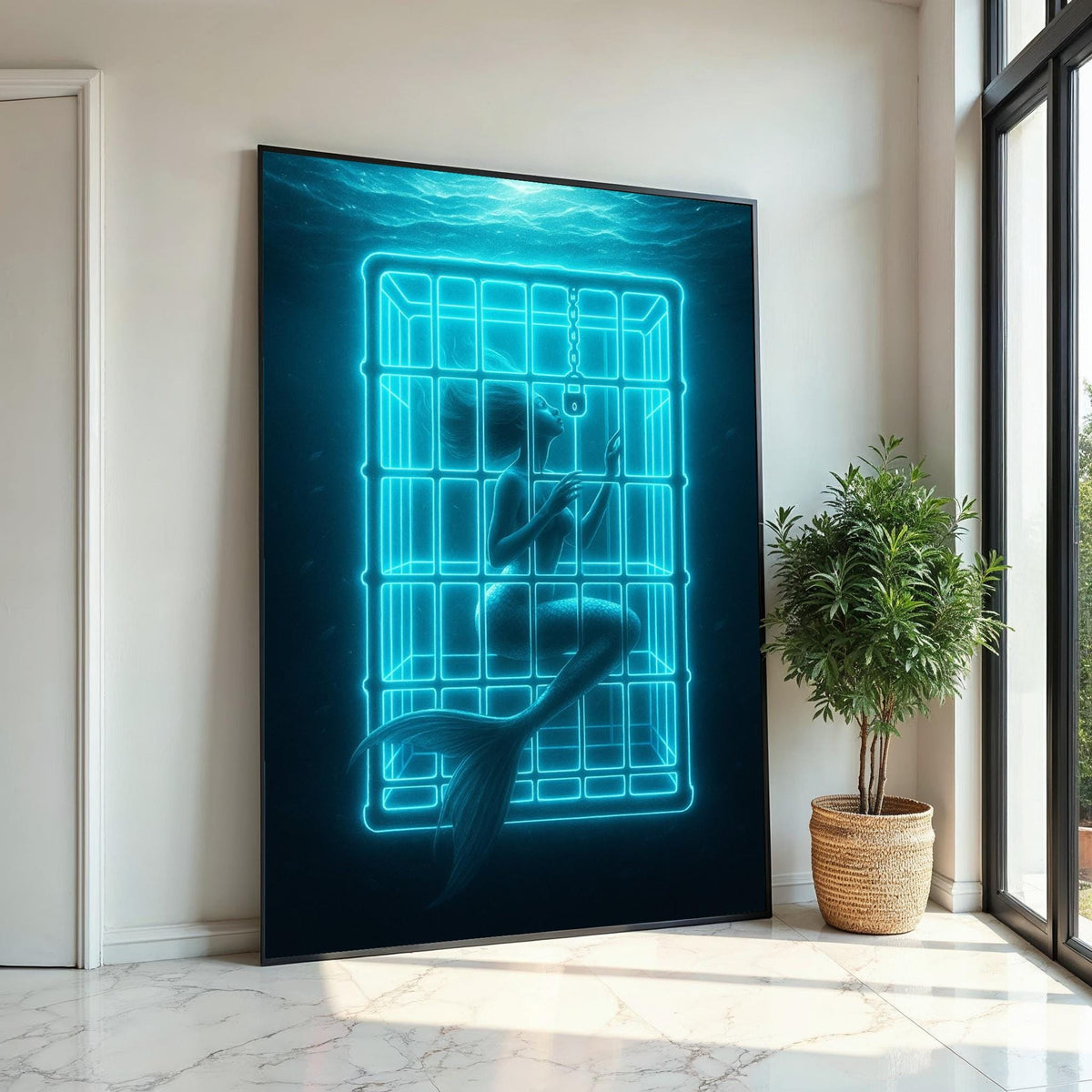 Trapped Mermaid Canvas, Neon Mermaid Art, Ocean Fantasy Print, Wall Art Canvas Design, Ready to Hang Decoration