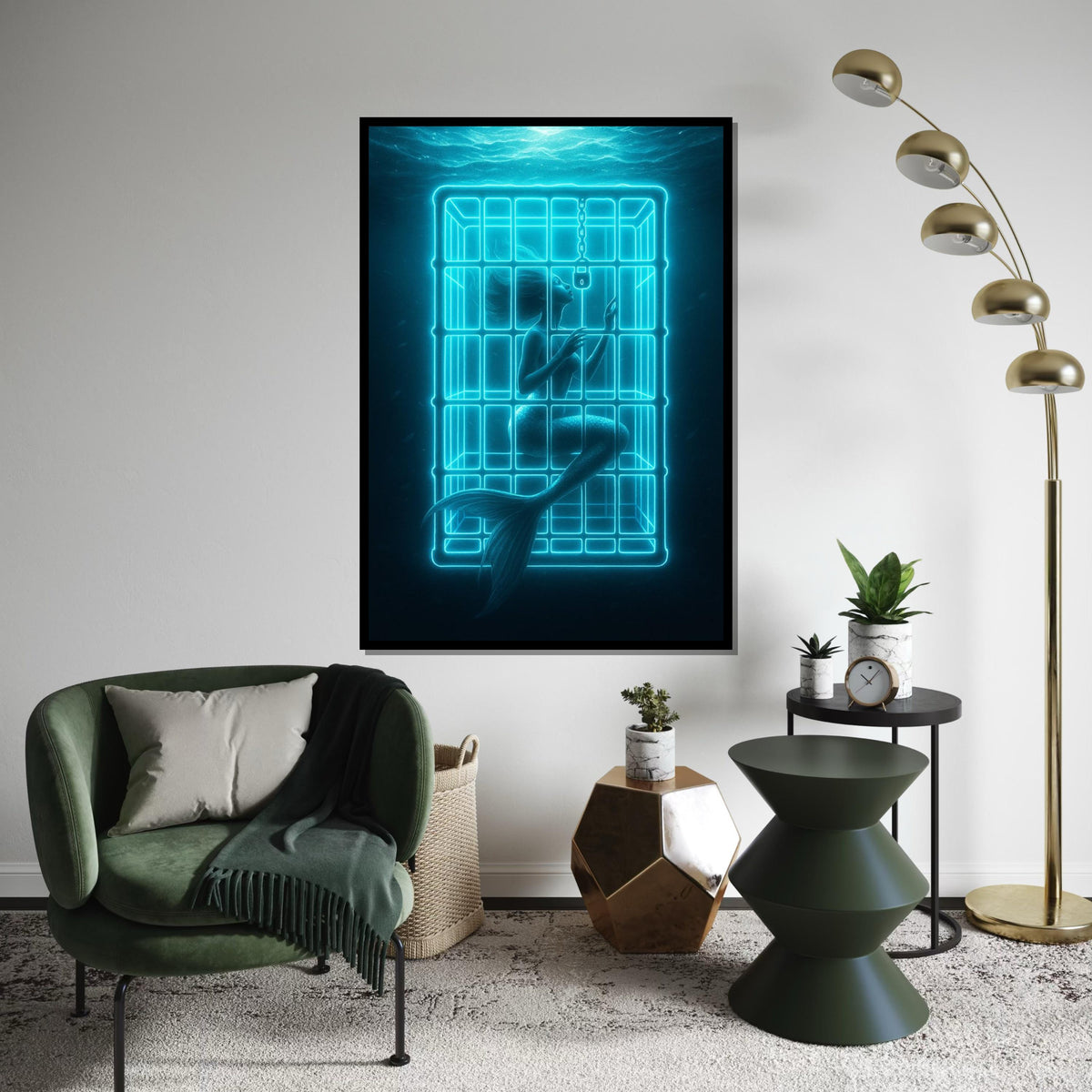 Trapped Mermaid Canvas, Neon Mermaid Art, Ocean Fantasy Print, Wall Art Canvas Design, Ready to Hang Decoration