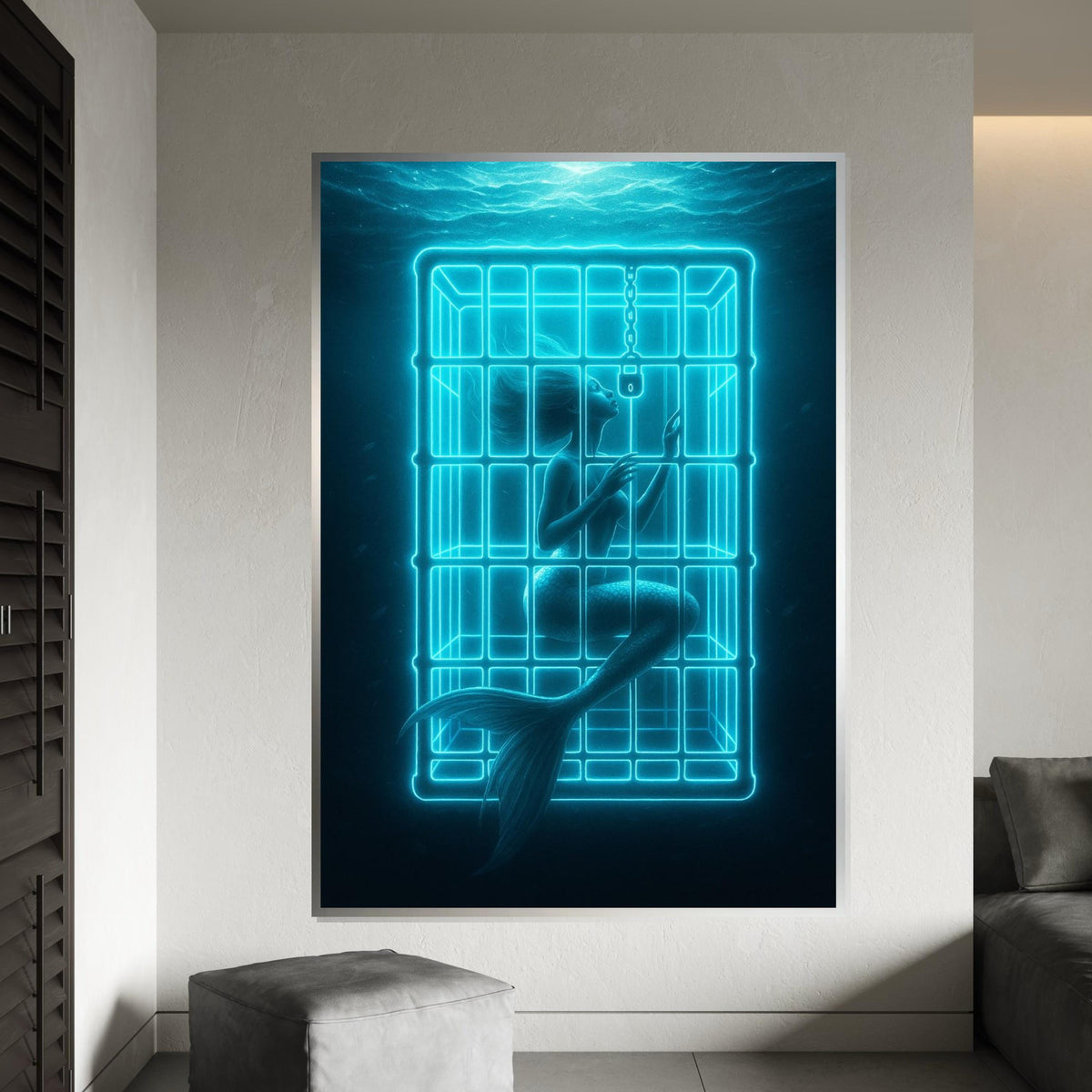 Trapped Mermaid Canvas, Neon Mermaid Art, Ocean Fantasy Print, Wall Art Canvas Design, Ready to Hang Decoration