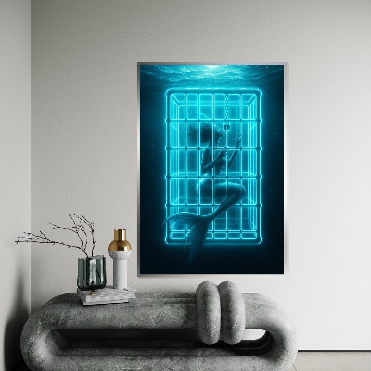 Trapped Mermaid Canvas, Neon Mermaid Art, Ocean Fantasy Print, Wall Art Canvas Design, Ready to Hang Decoration