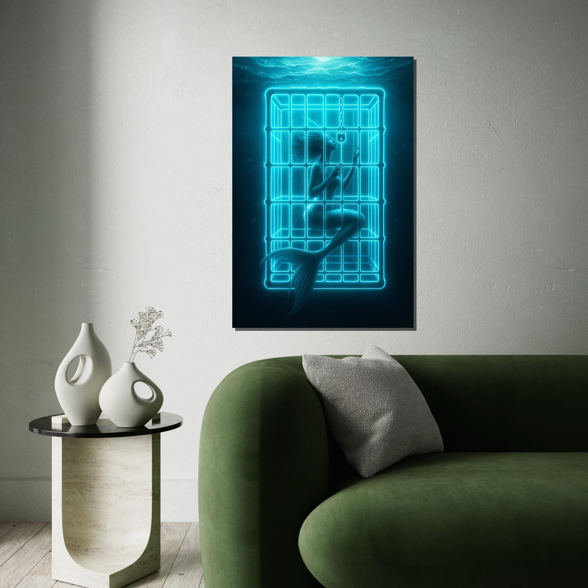Trapped Mermaid Canvas, Neon Mermaid Art, Ocean Fantasy Print, Wall Art Canvas Design, Ready to Hang Decoration