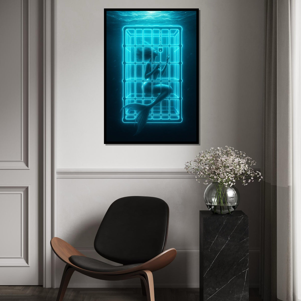 Trapped Mermaid Canvas, Neon Mermaid Art, Ocean Fantasy Print, Wall Art Canvas Design, Ready to Hang Decoration