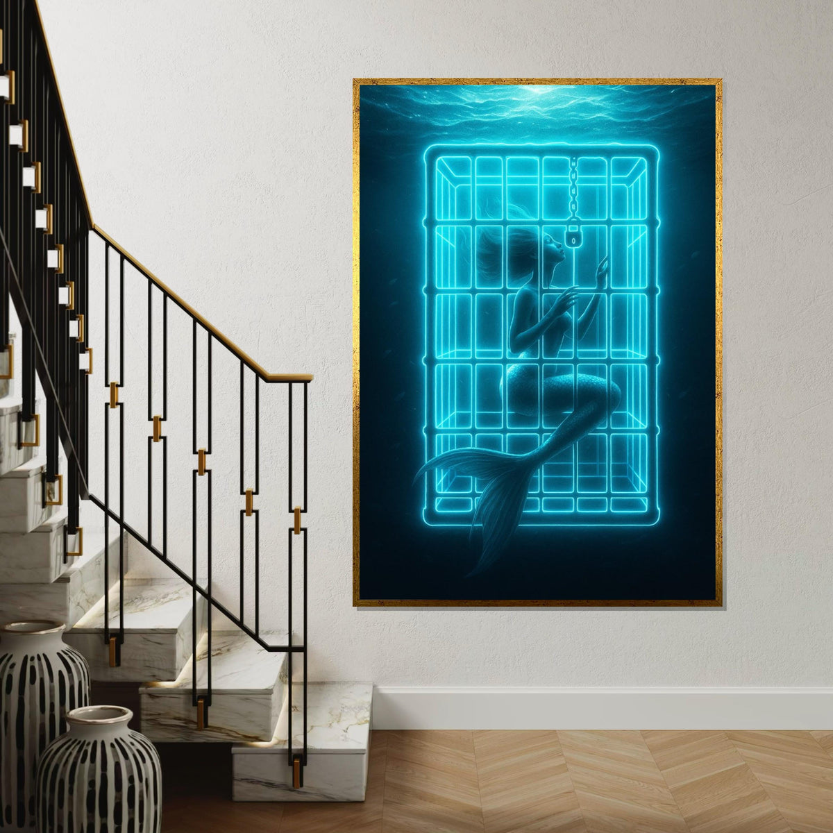 Trapped Mermaid Canvas, Neon Mermaid Art, Ocean Fantasy Print, Wall Art Canvas Design, Ready to Hang Decoration
