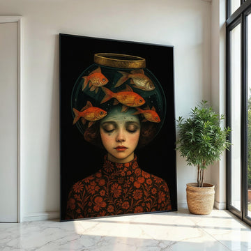 Girl with Fish Bowl Canvas, Surreal Art, Dreamy Girl Wall Art Canvas, Creative Fish Print, Wall Art Canvas Design, Ready to Hang Decor