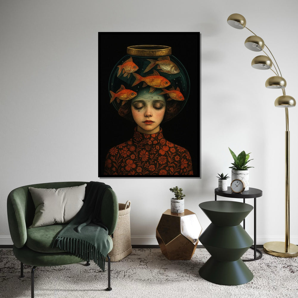 Girl with Fish Bowl Canvas, Surreal Art, Dreamy Girl Wall Art Canvas, Creative Fish Print, Wall Art Canvas Design, Ready to Hang Decor