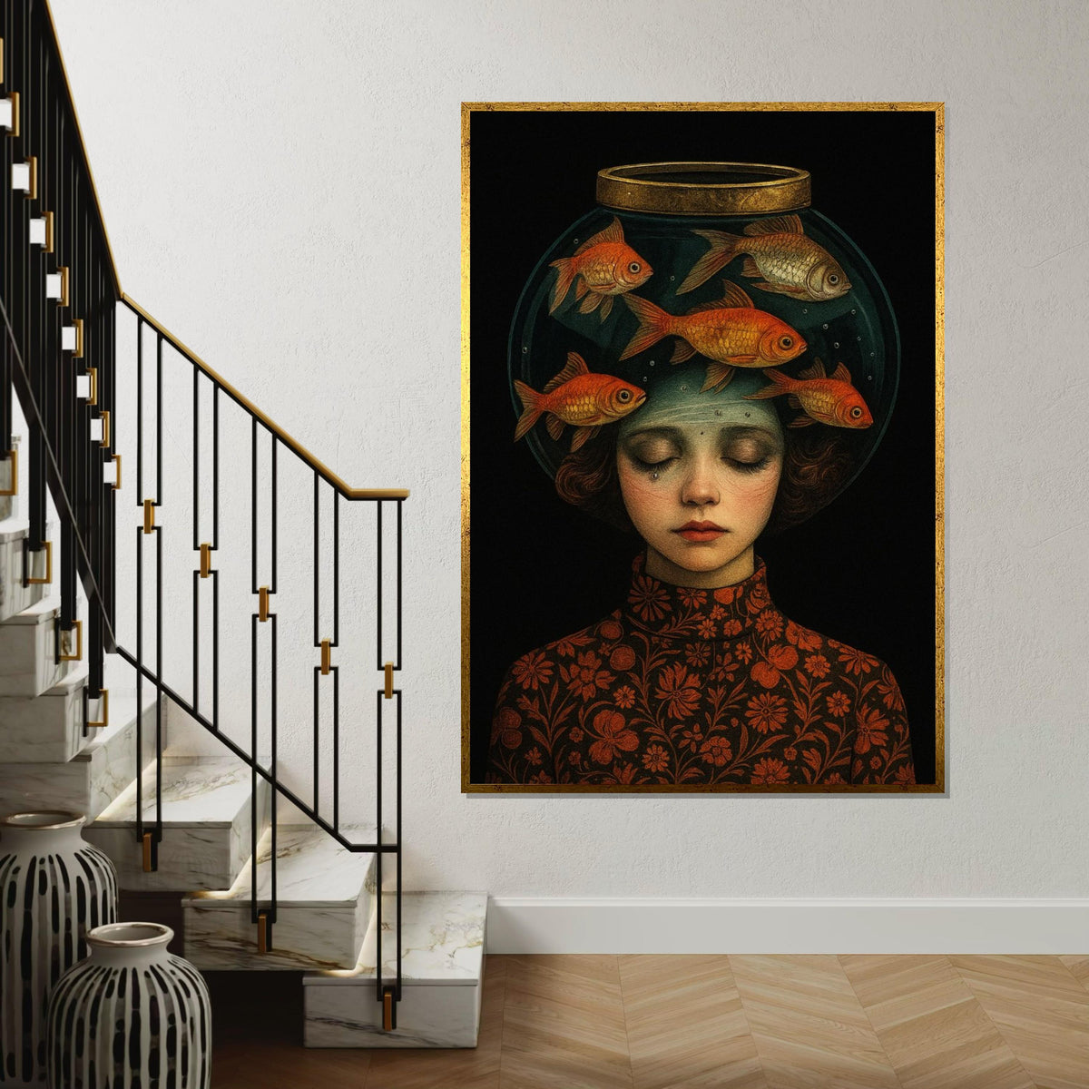 Girl with Fish Bowl Canvas, Surreal Art, Dreamy Girl Wall Art Canvas, Creative Fish Print, Wall Art Canvas Design, Ready to Hang Decor
