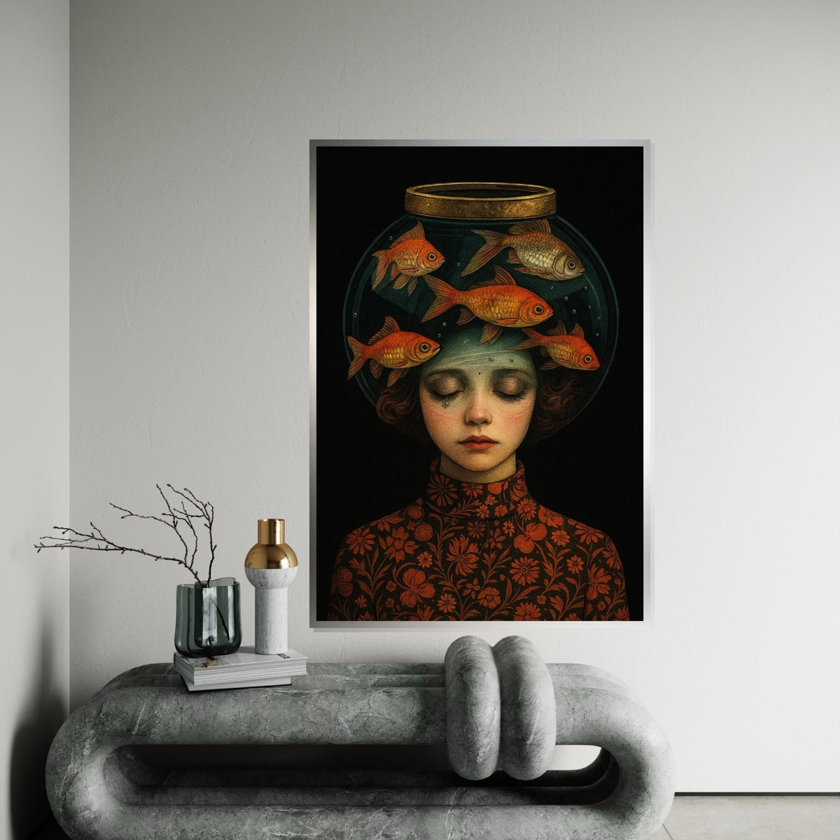 Girl with Fish Bowl Canvas, Surreal Art, Dreamy Girl Wall Art Canvas, Creative Fish Print, Wall Art Canvas Design, Ready to Hang Decor