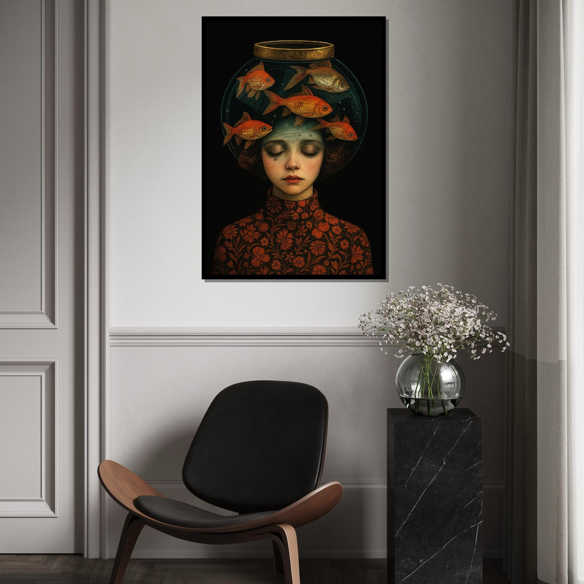 Girl with Fish Bowl Canvas, Surreal Art, Dreamy Girl Wall Art Canvas, Creative Fish Print, Wall Art Canvas Design, Ready to Hang Decor