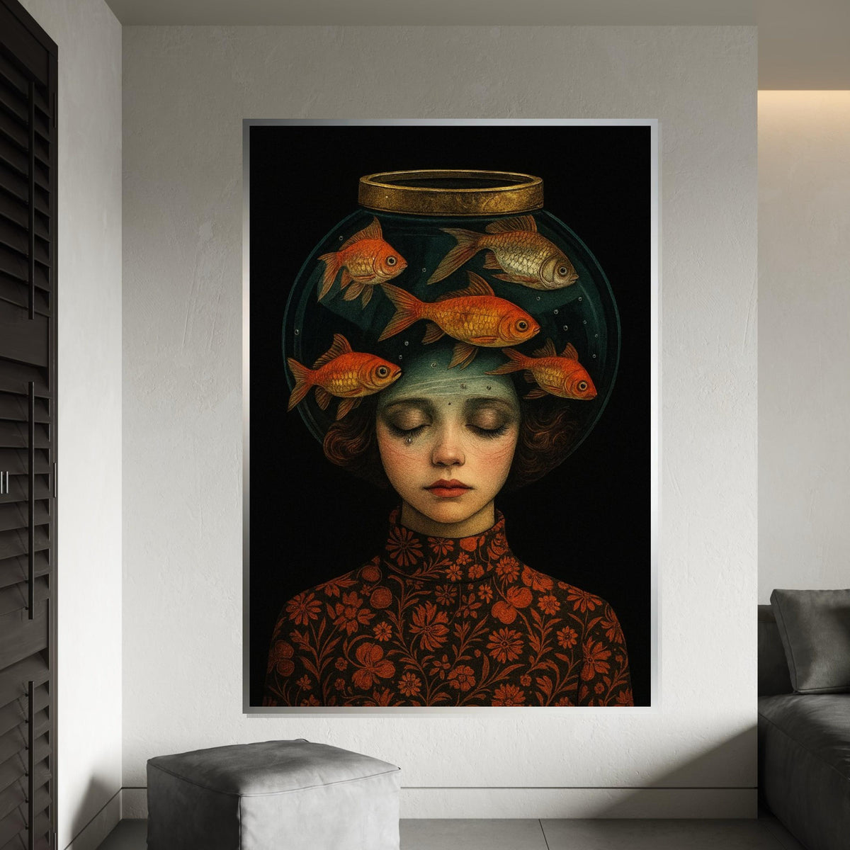 Girl with Fish Bowl Canvas, Surreal Art, Dreamy Girl Wall Art Canvas, Creative Fish Print, Wall Art Canvas Design, Ready to Hang Decor