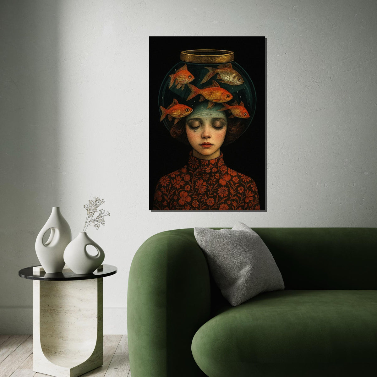 Girl with Fish Bowl Canvas, Surreal Art, Dreamy Girl Wall Art Canvas, Creative Fish Print, Wall Art Canvas Design, Ready to Hang Decor