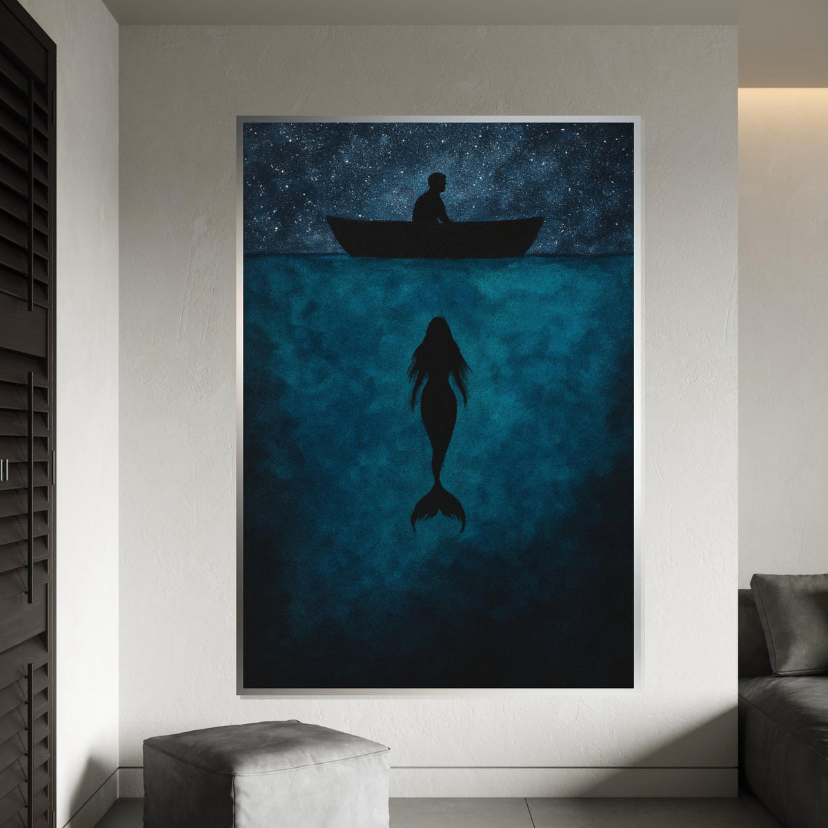 Mystic Mermaid Canvas, Sea Silhouette Art, Starry Night Boat Canvas, Wall Art Design, Ocean Depths Print, Ready To Hang Decoration