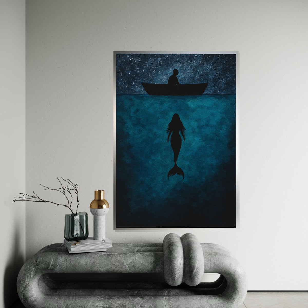 Mystic Mermaid Canvas, Sea Silhouette Art, Starry Night Boat Canvas, Wall Art Design, Ocean Depths Print, Ready To Hang Decoration
