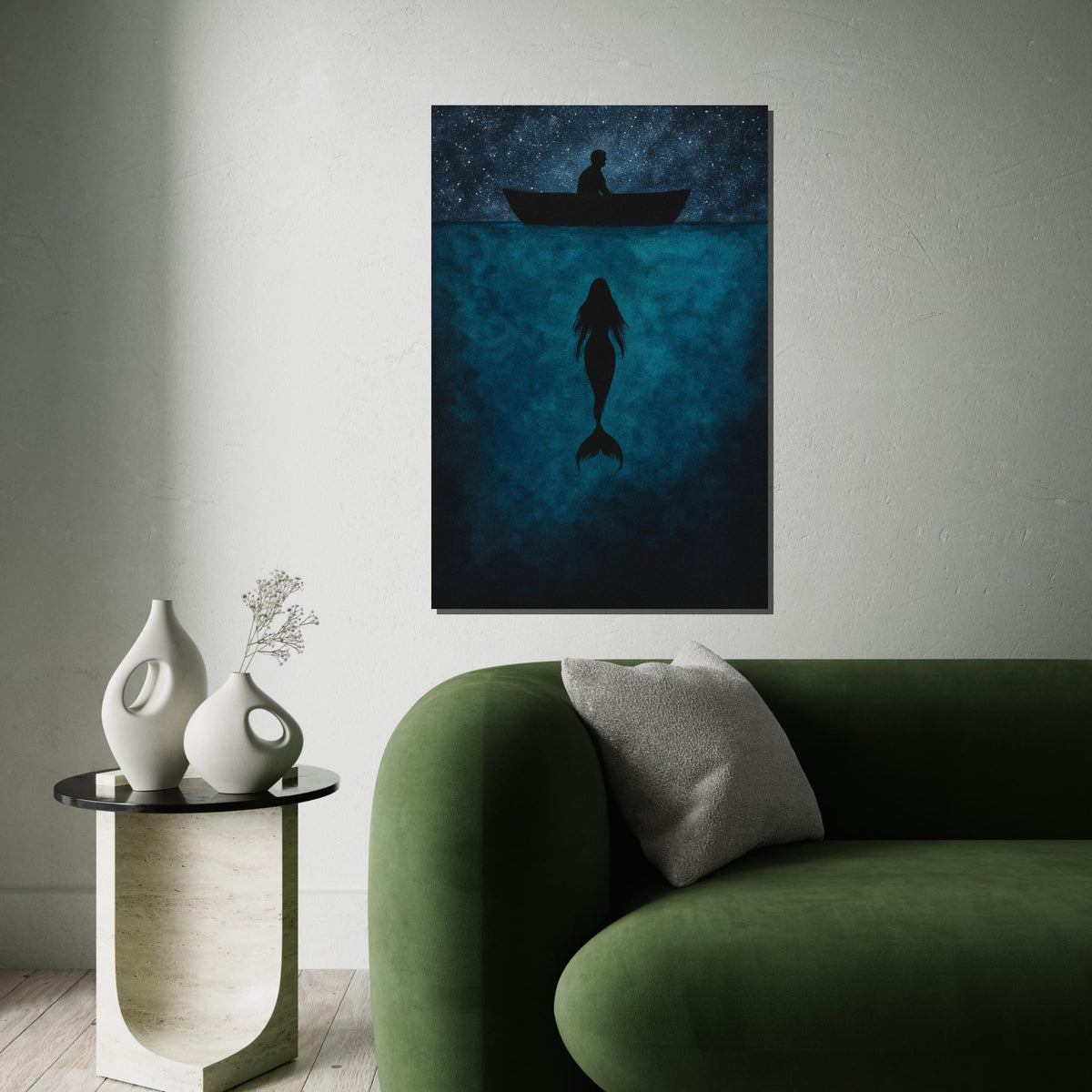 Mystic Mermaid Canvas, Sea Silhouette Art, Starry Night Boat Canvas, Wall Art Design, Ocean Depths Print, Ready To Hang Decoration