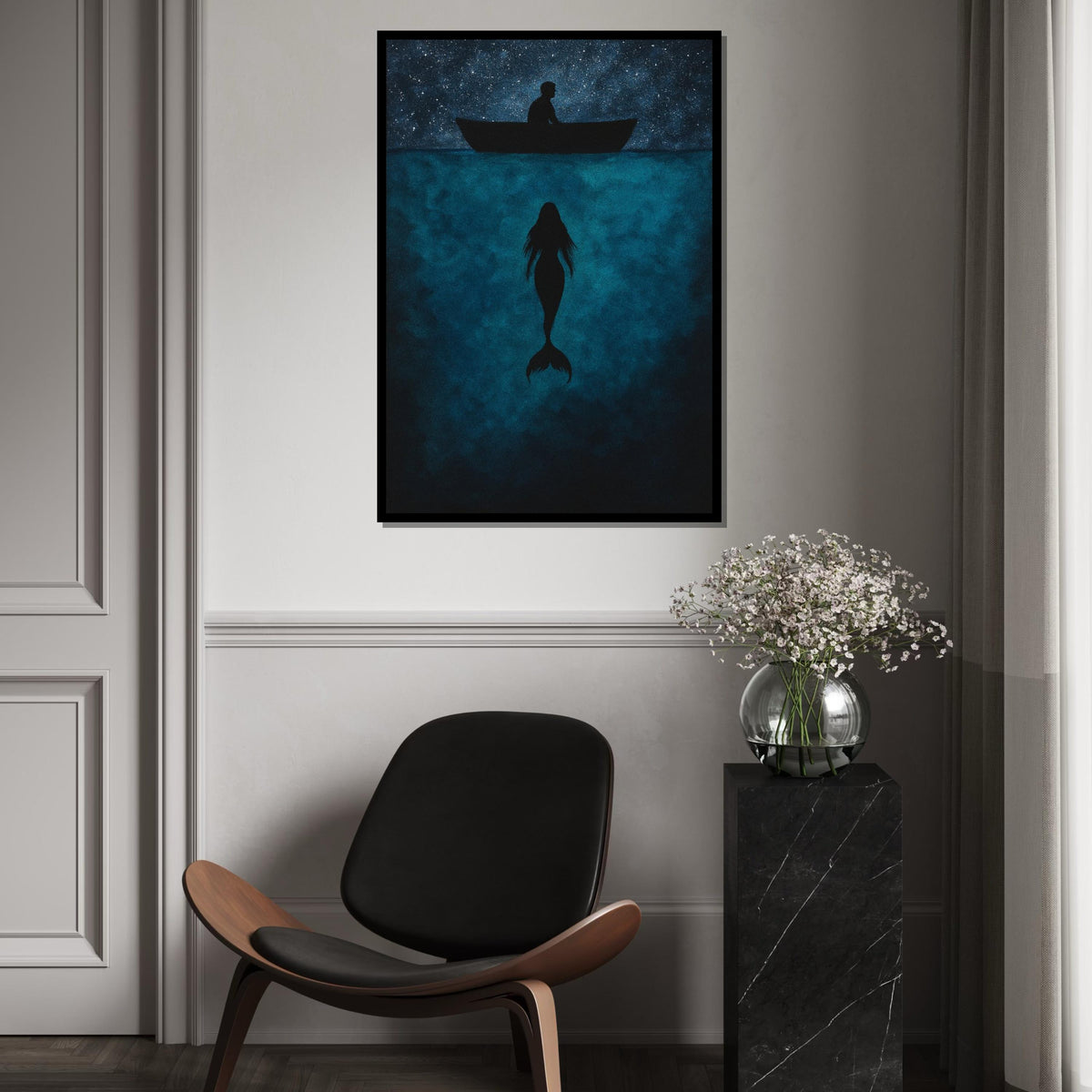 Mystic Mermaid Canvas, Sea Silhouette Art, Starry Night Boat Canvas, Wall Art Design, Ocean Depths Print, Ready To Hang Decoration