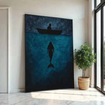 Mystic Mermaid Canvas, Sea Silhouette Art, Starry Night Boat Canvas, Wall Art Design, Ocean Depths Print, Ready To Hang Decoration