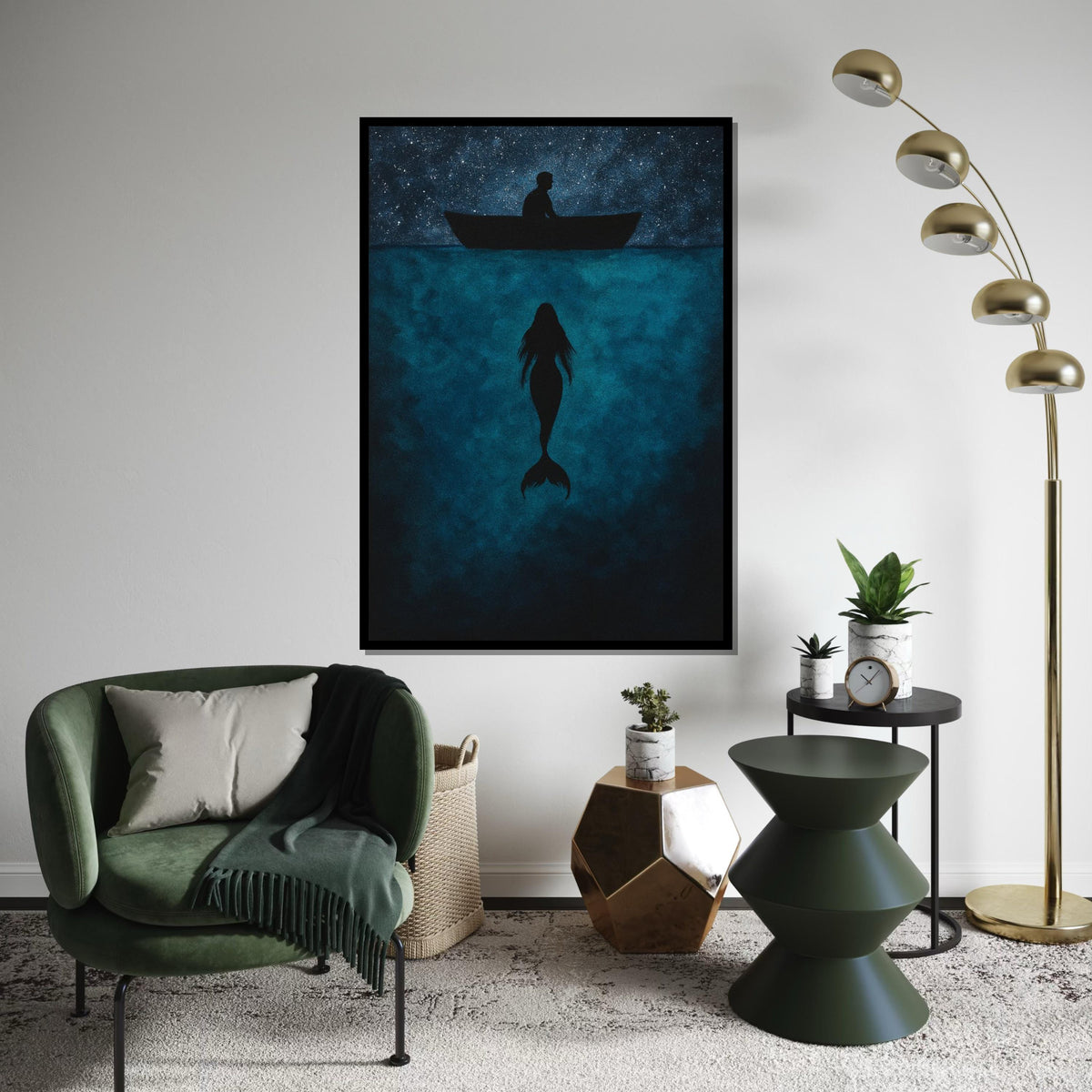 Mystic Mermaid Canvas, Sea Silhouette Art, Starry Night Boat Canvas, Wall Art Design, Ocean Depths Print, Ready To Hang Decoration