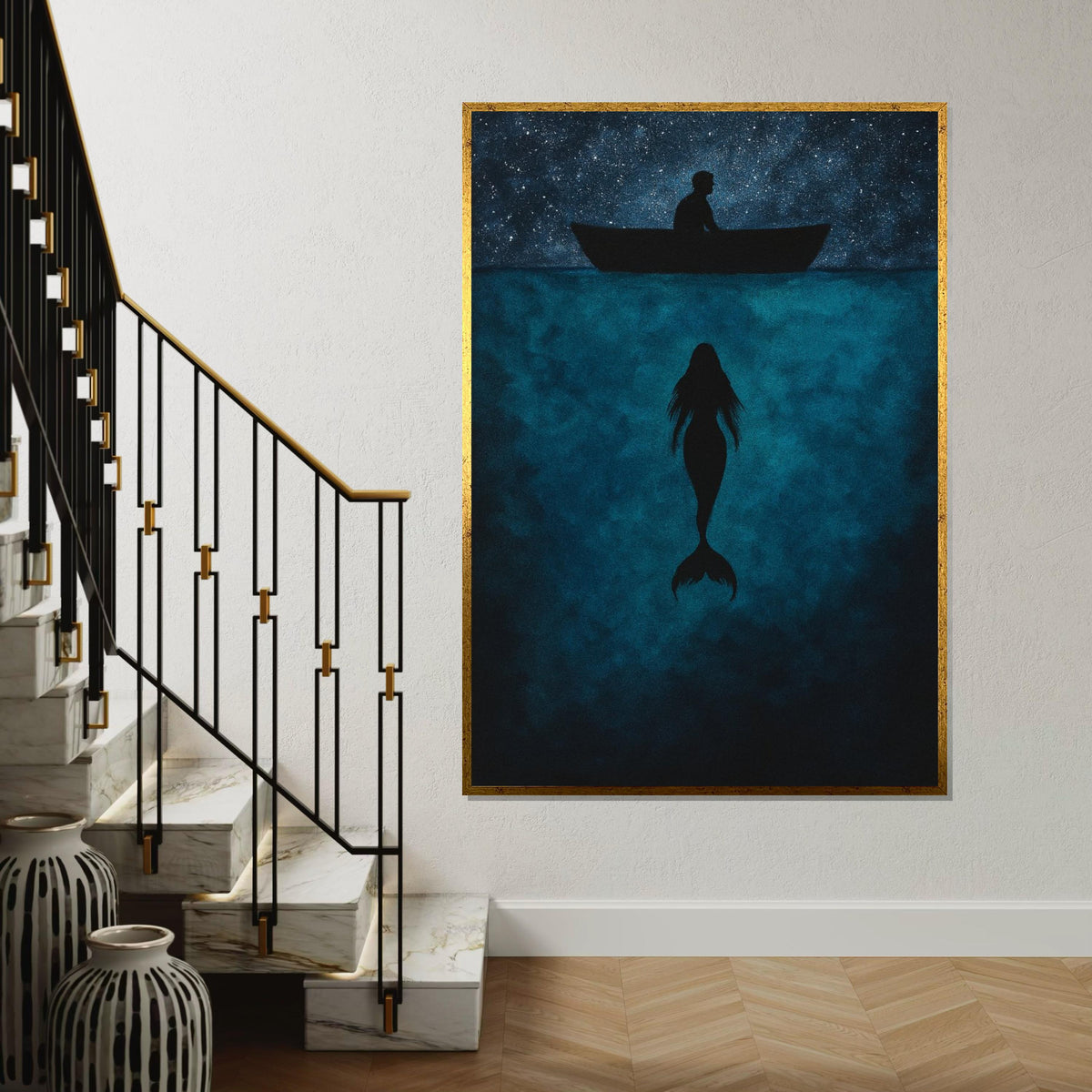 Mystic Mermaid Canvas, Sea Silhouette Art, Starry Night Boat Canvas, Wall Art Design, Ocean Depths Print, Ready To Hang Decoration