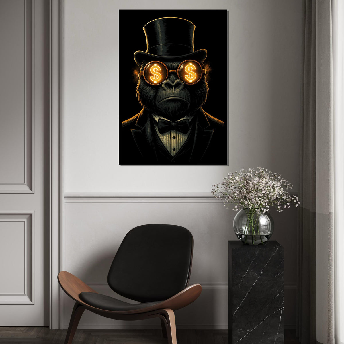 Gorilla in Top Hat, Dollar Glasses Canvas, Wall Art Canvas Design, Ready to Hang Decoration, Gorilla Art, Classy Wall Print