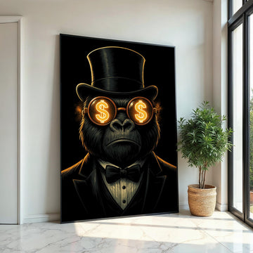 Gorilla in Top Hat, Dollar Glasses Canvas, Wall Art Canvas Design, Ready to Hang Decoration, Gorilla Art, Classy Wall Print