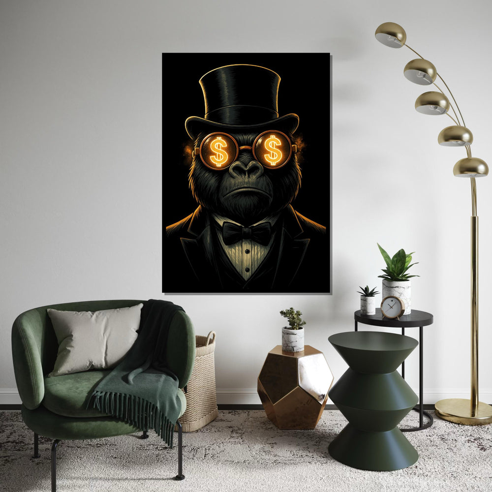 Gorilla in Top Hat, Dollar Glasses Canvas, Wall Art Canvas Design, Ready to Hang Decoration, Gorilla Art, Classy Wall Print
