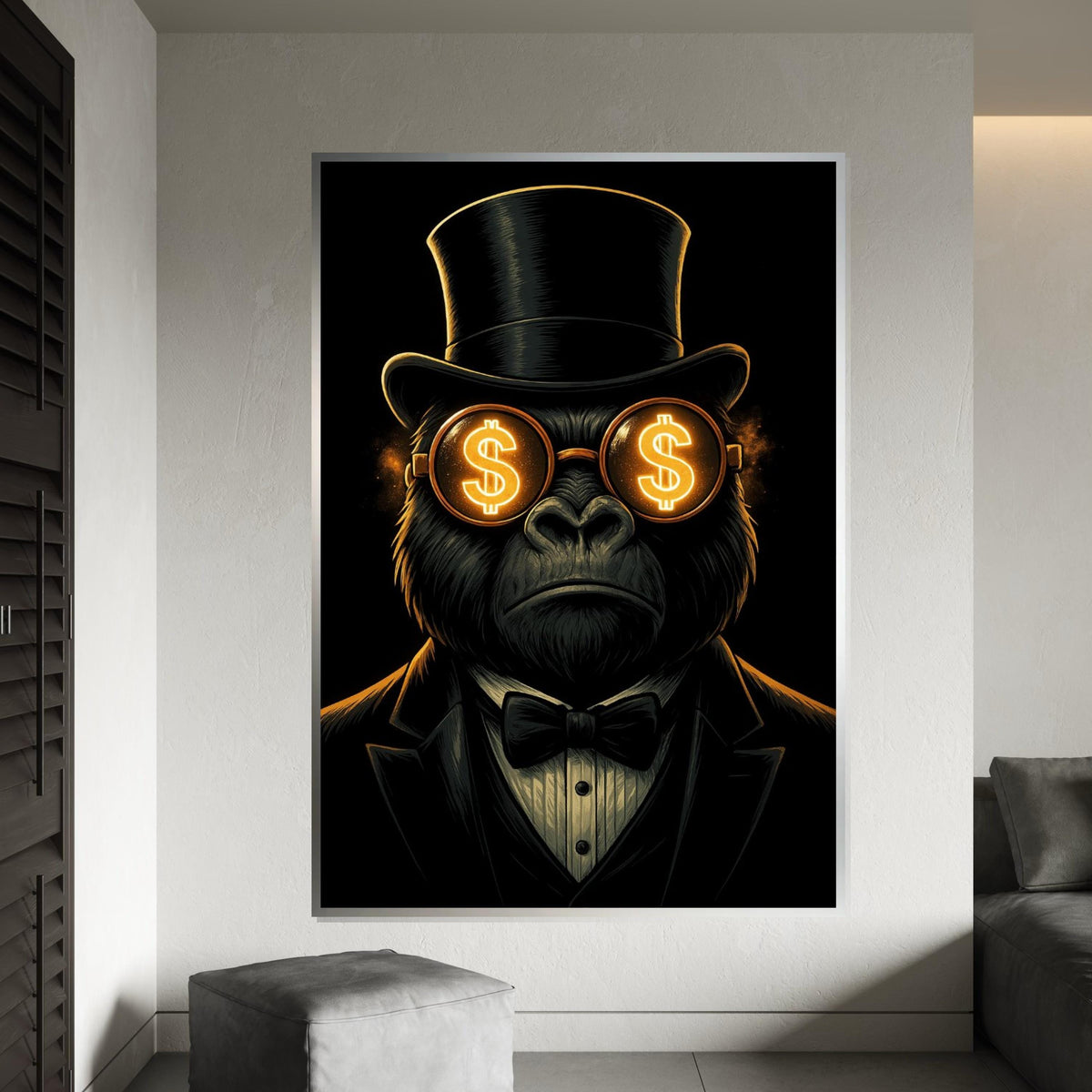 Gorilla in Top Hat, Dollar Glasses Canvas, Wall Art Canvas Design, Ready to Hang Decoration, Gorilla Art, Classy Wall Print