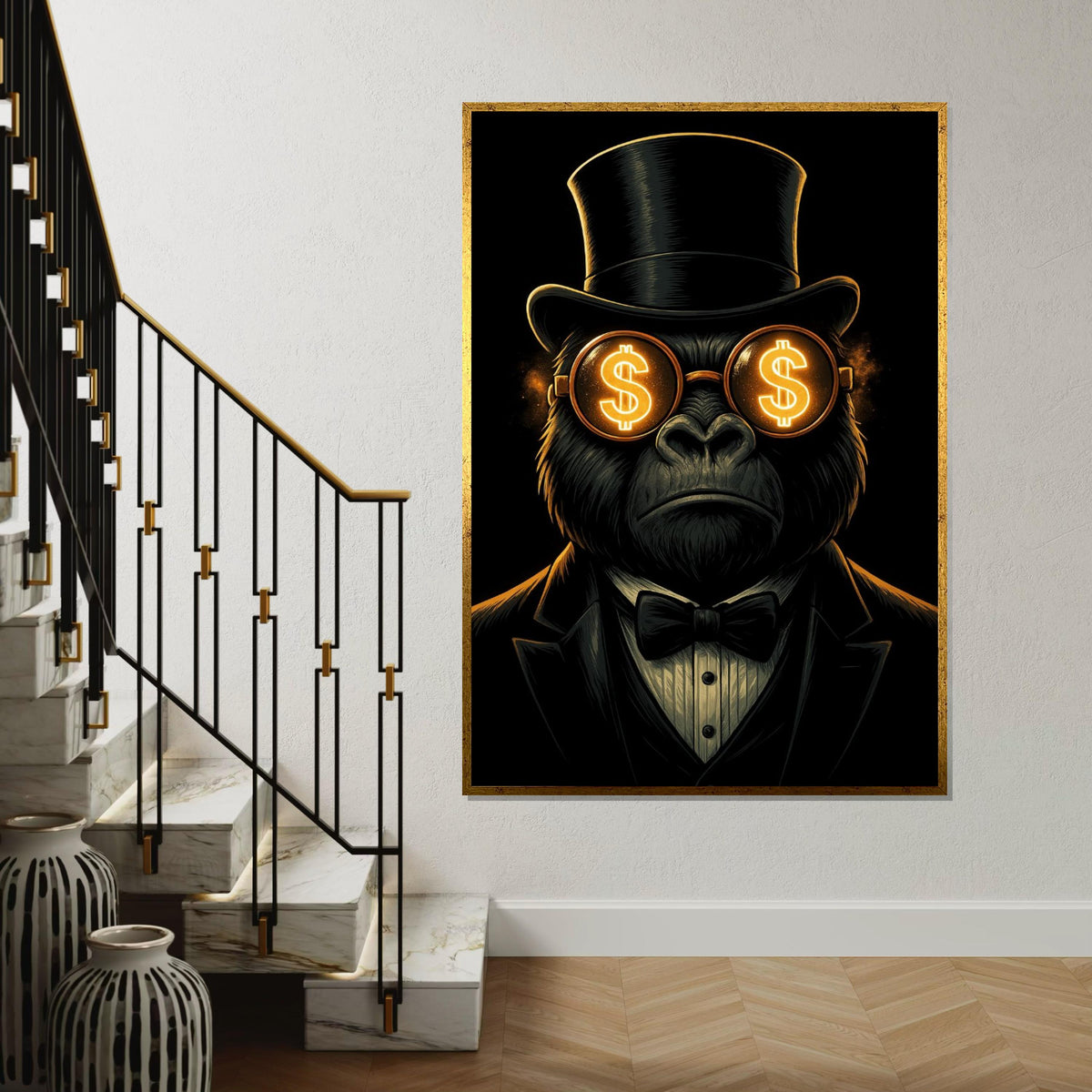 Gorilla in Top Hat, Dollar Glasses Canvas, Wall Art Canvas Design, Ready to Hang Decoration, Gorilla Art, Classy Wall Print