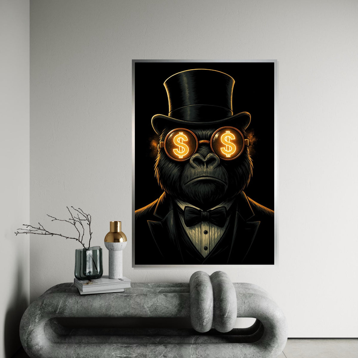 Gorilla in Top Hat, Dollar Glasses Canvas, Wall Art Canvas Design, Ready to Hang Decoration, Gorilla Art, Classy Wall Print