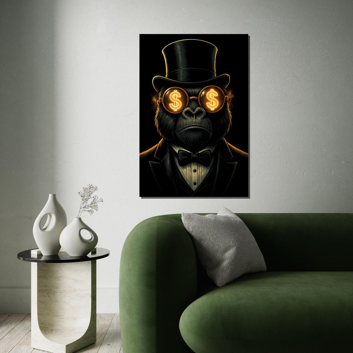 Gorilla in Top Hat, Dollar Glasses Canvas, Wall Art Canvas Design, Ready to Hang Decoration, Gorilla Art, Classy Wall Print
