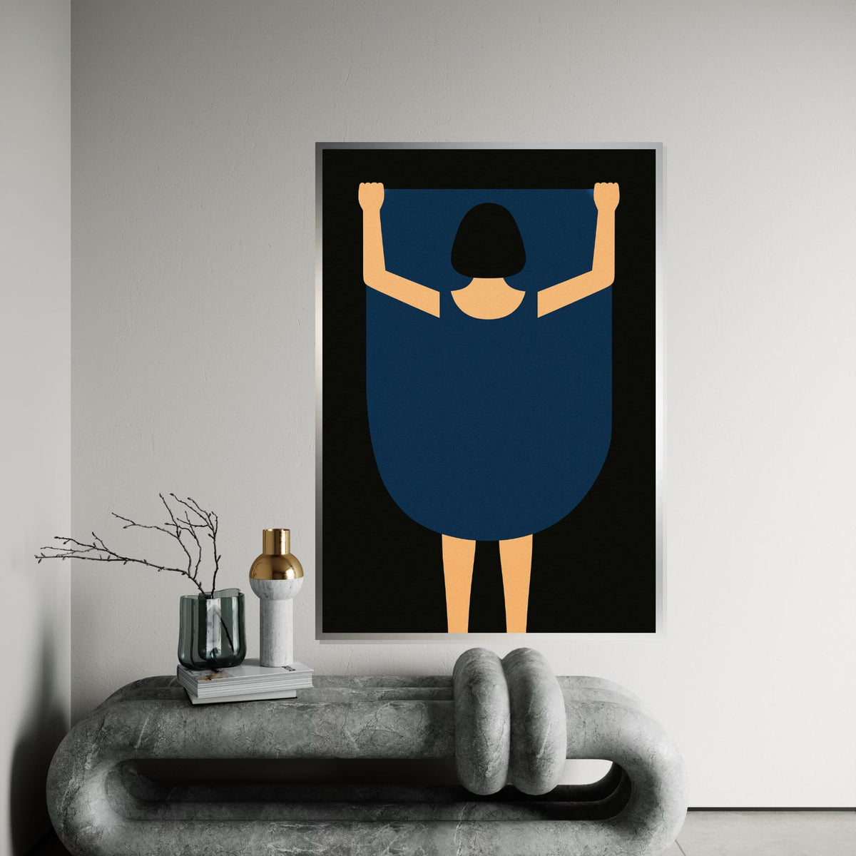 Minimalist Woman Canvas, Abstract Blue Dress Art, Modern Wall Art, Canvas Design, Ready to Hang Home Decoration, Contemporary Print