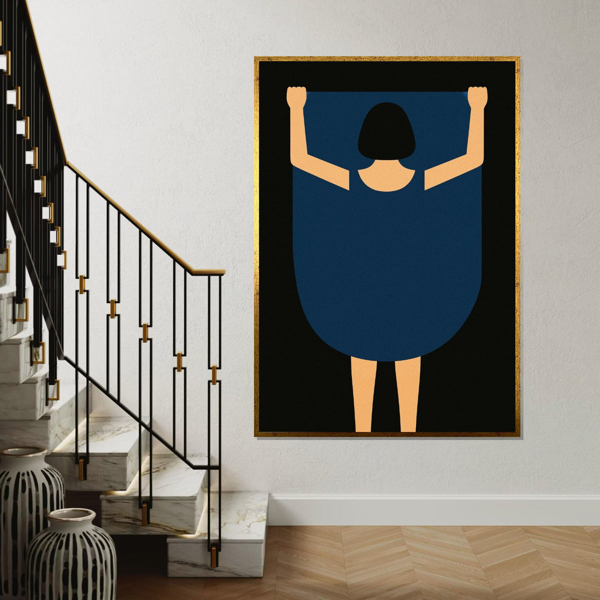 Minimalist Woman Canvas, Abstract Blue Dress Art, Modern Wall Art, Canvas Design, Ready to Hang Home Decoration, Contemporary Print