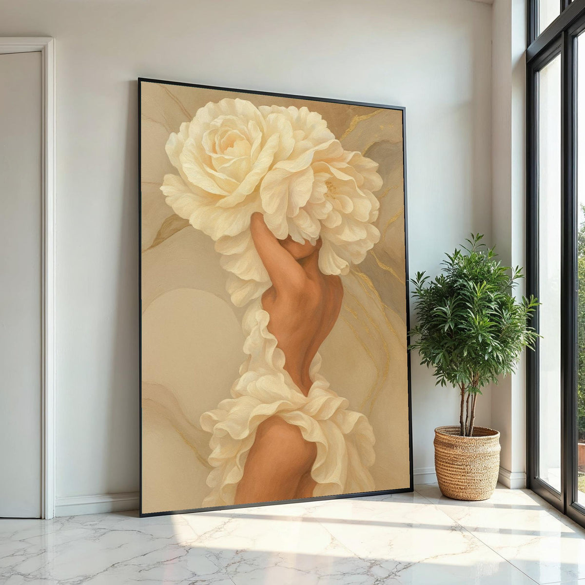 Flower Dress Canvas, Woman Art,Blossom Head Art, Floral Wall Art, Elegant Canvas Design, Ready to Hang Decoration, NatureInspired Wall Print