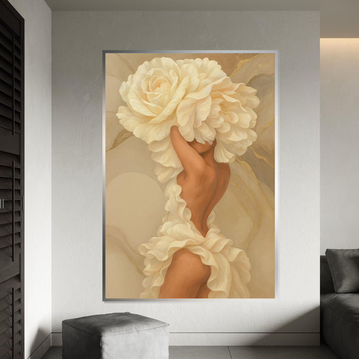 Flower Dress Canvas, Woman Art,Blossom Head Art, Floral Wall Art, Elegant Canvas Design, Ready to Hang Decoration, NatureInspired Wall Print