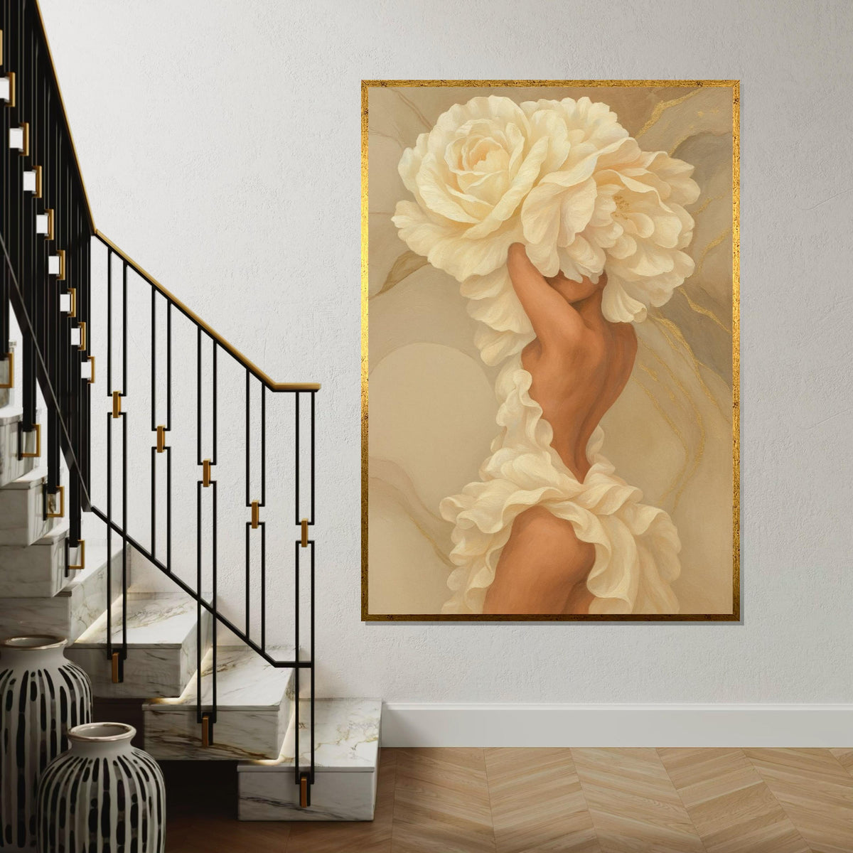 Flower Dress Canvas, Woman Art,Blossom Head Art, Floral Wall Art, Elegant Canvas Design, Ready to Hang Decoration, NatureInspired Wall Print